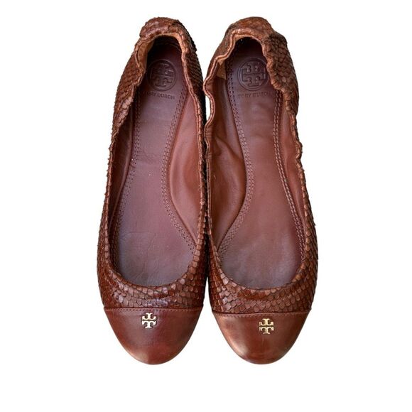 Tory Burch York Brown Leather Python Scale Cap Toe Ballet Flats Sz 8 - Picture 3 of 7